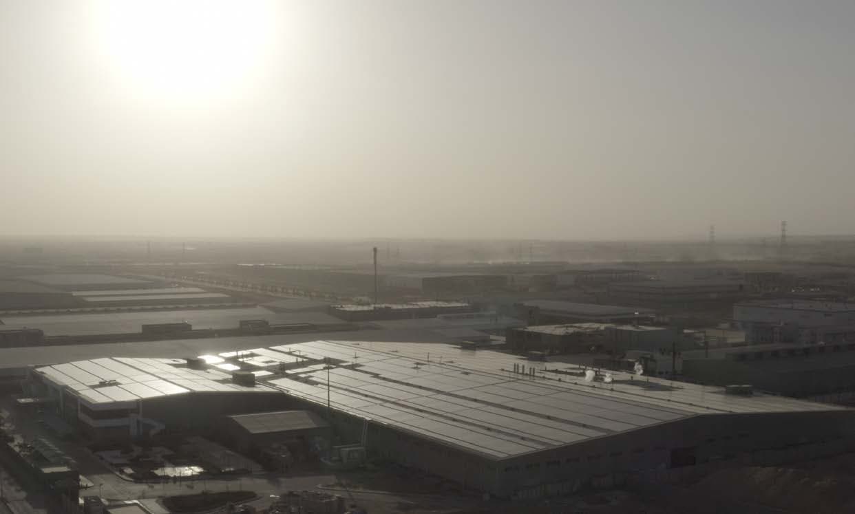 Aerial view of an industrial rooftop solar plant